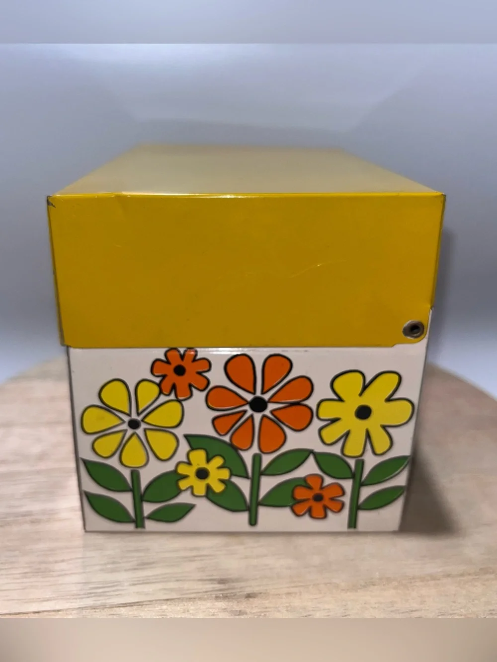 Rare Vtg Otagiri Stamped OMC Japan Metal Recipe Tin Mod MCM Yellow Flower Power